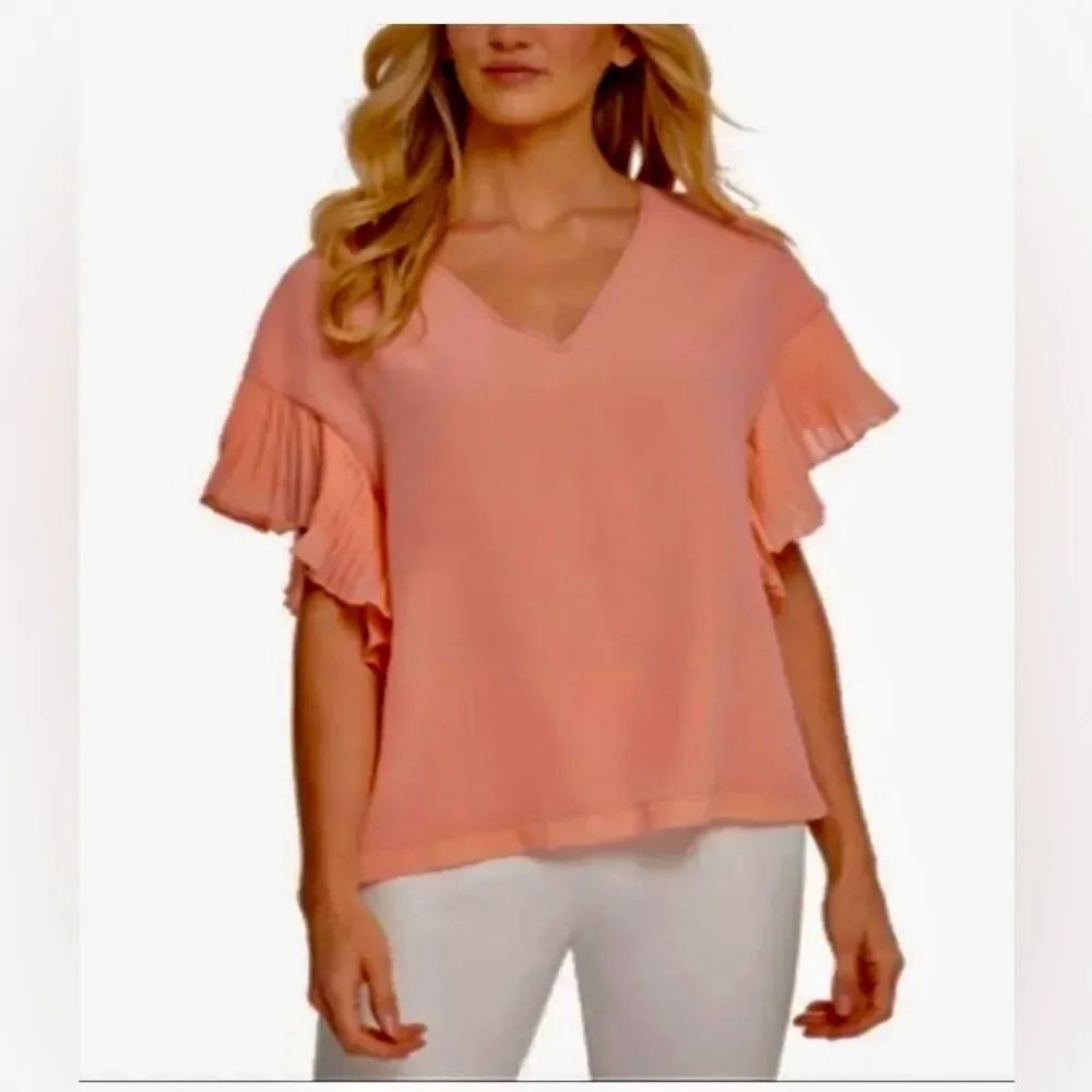 NWT DKNY Pleated Flutter Sleeve V-Neck Top Coral Size L
